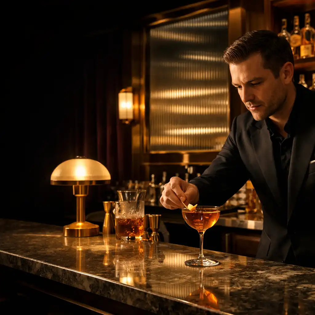 Barman dokončuje elegantní koktejl u večerního baru Stůl v Zálivu.