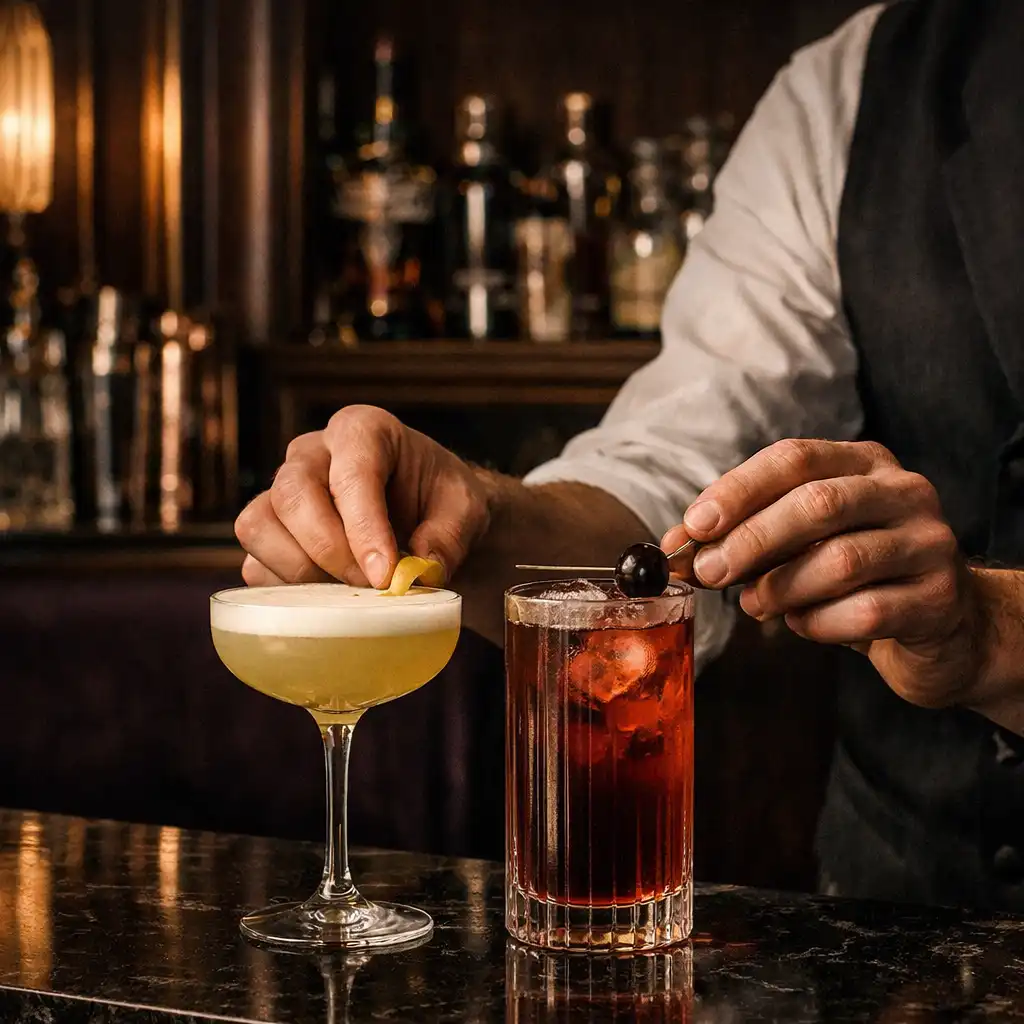Barman dokončuje dva elegantní koktejly na tmavém barovém pultu