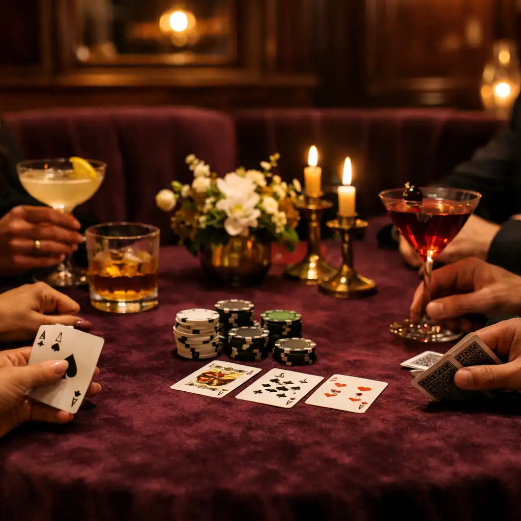Ruce hostů, sklenice a karty na sametovém stole při společenském pokerovém večeru