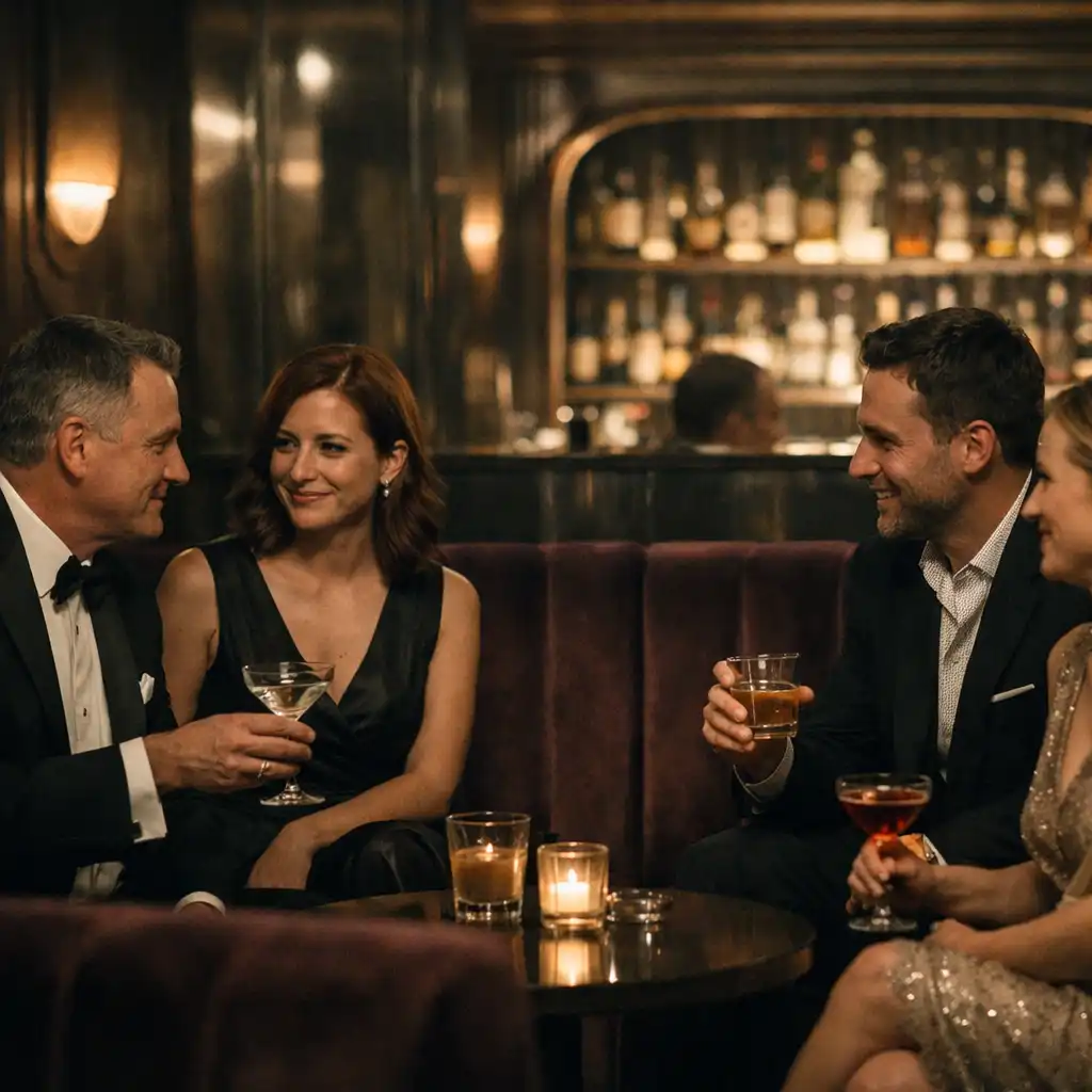 Hosté vedou rozhovor u lounge stolů v elegantním interiéru
