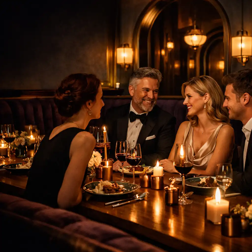 Soukromá večeře u prostřeného stolu v teplém světle restaurace
