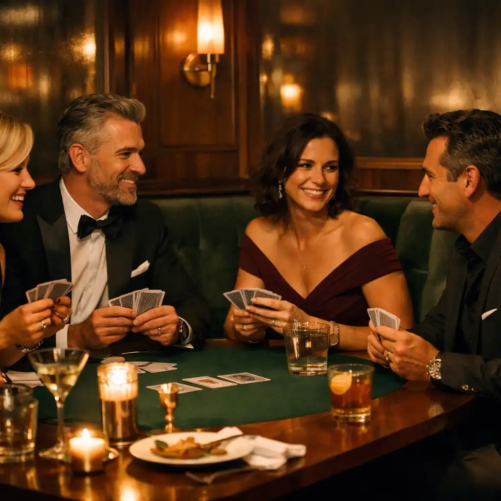 Čtyři dospělí hosté v rozhovoru u elegantního pokerového stolu s koktejly a večeří
