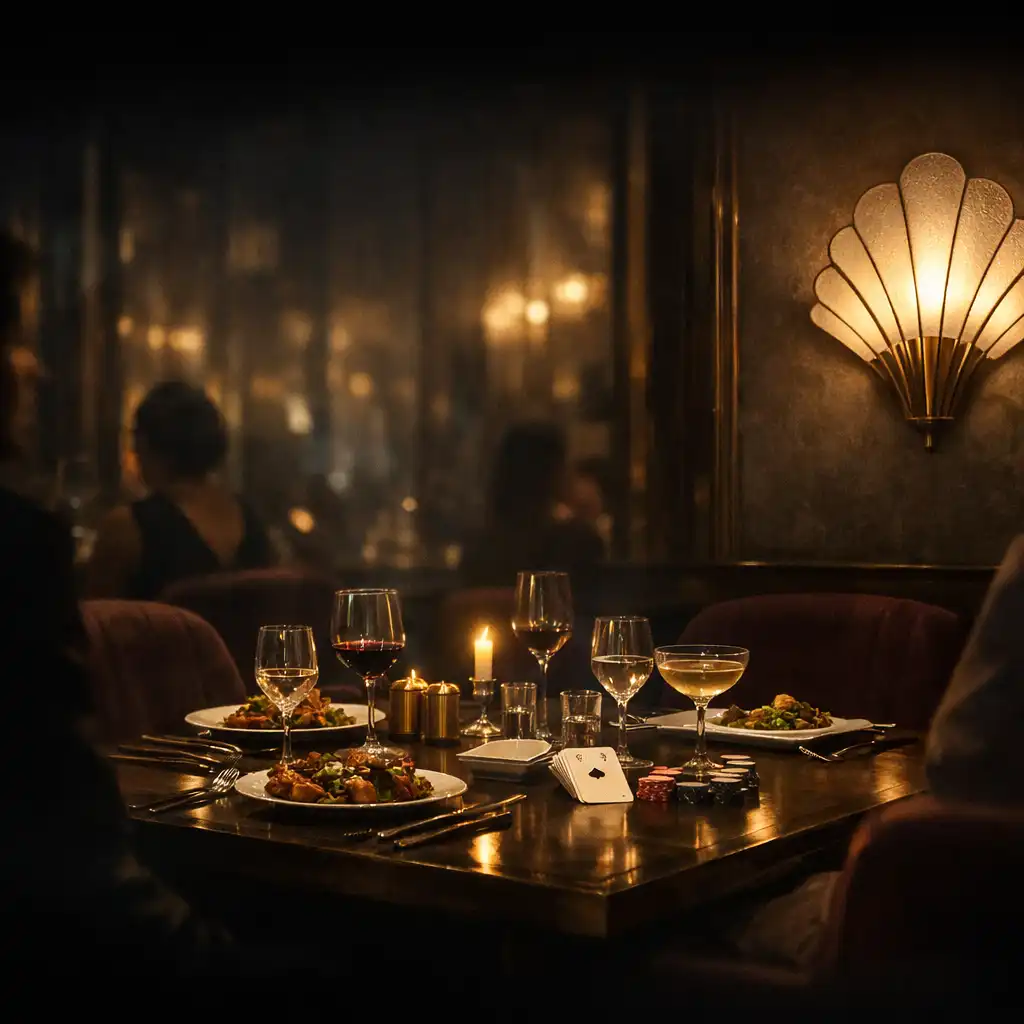Elegantně prostřený stůl ve světle Art Deco lampy s jemně viditelnými kartami a skleněným nádobím