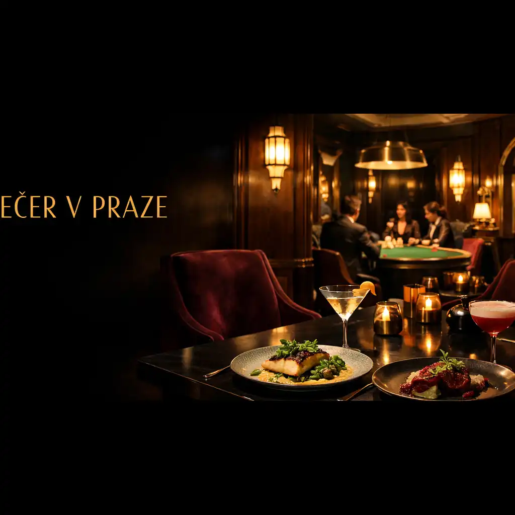 Večerní interiér restaurace s tmavými stoly, sametovými židlemi a teplým světlem